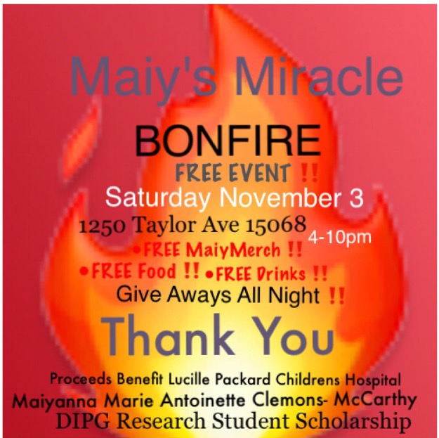 Maiy's Miractle Bonfire FREE Event 

Saturday November 3